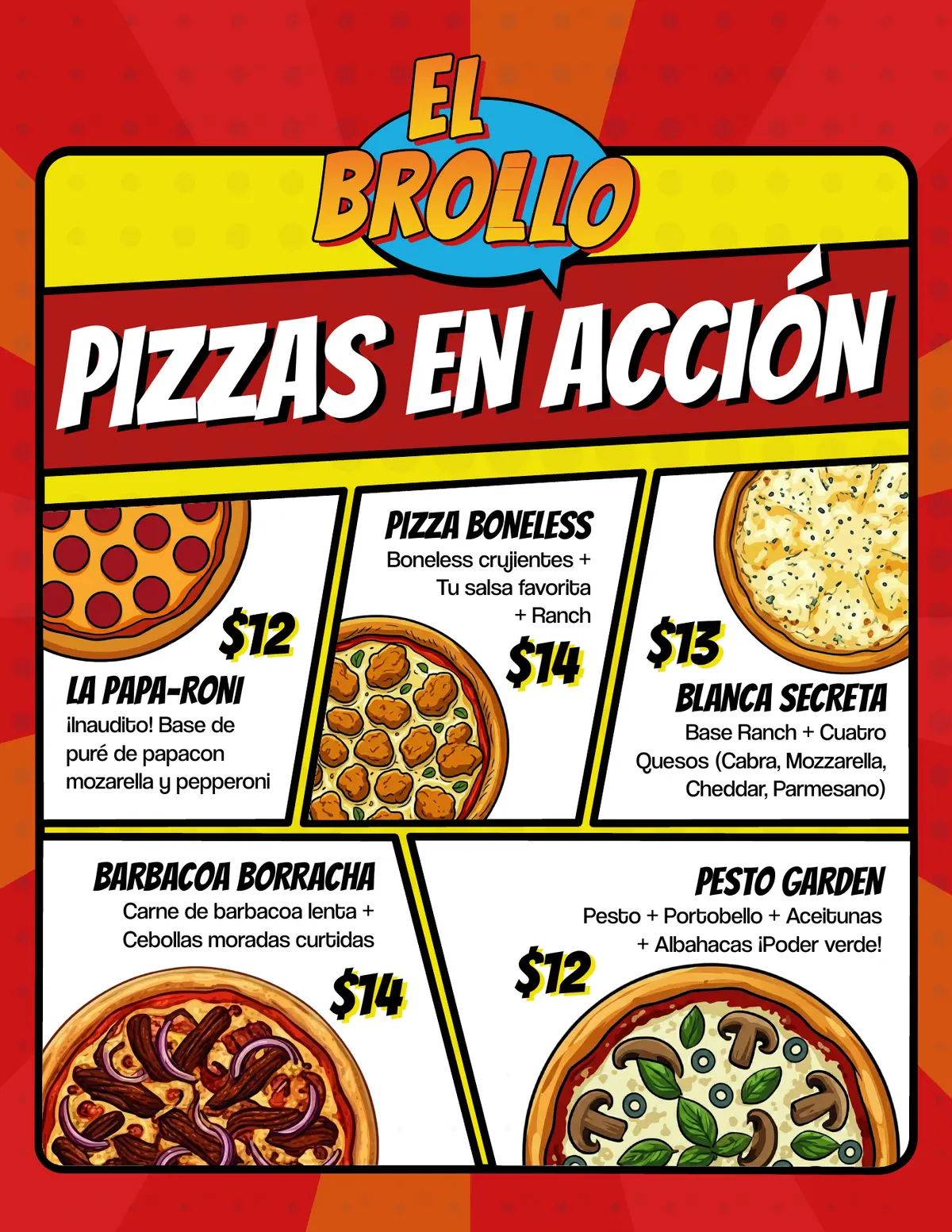 Página oficial del menú: Pizzas en acción